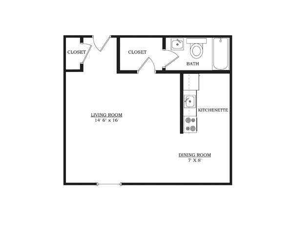 A 3D image of the Studio – Unfurnished floorplan, a 350 squarefoot, 0 bed / 1 bath unit