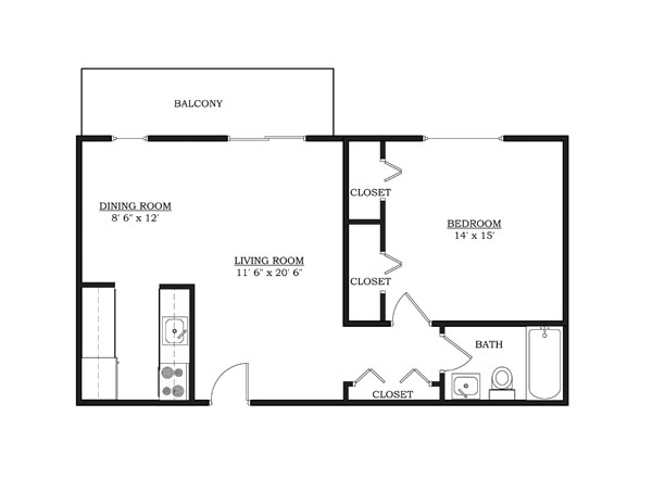 A 3D image of the 1BR/1BA – Large – Furnished floorplan, a 750 squarefoot, 1 bed / 1 bath unit