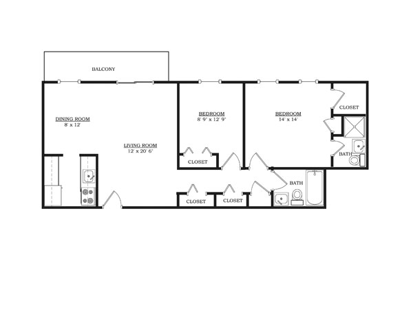 A 3D image of the 2BR/2BA – Furnished floorplan, a 850 squarefoot, 2 bed / 2 bath unit