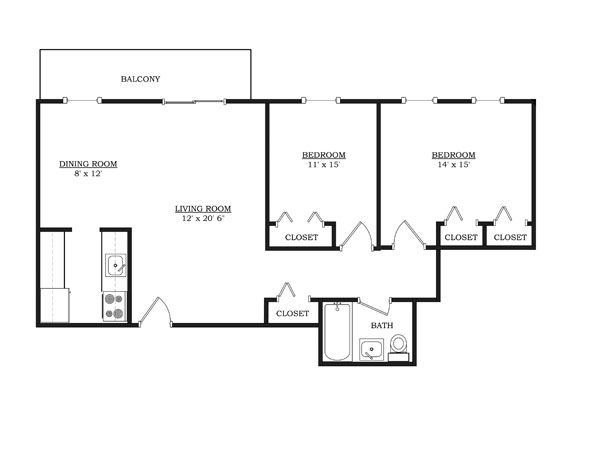 A 3D image of the 2BR/1BA – Furnished floorplan, a 850 squarefoot, 2 bed / 1 bath unit