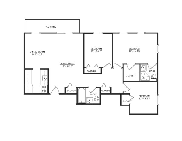 A 3D image of the 3BR/2BA – Furnished floorplan, a 1000 squarefoot, 3 bed / 2 bath unit